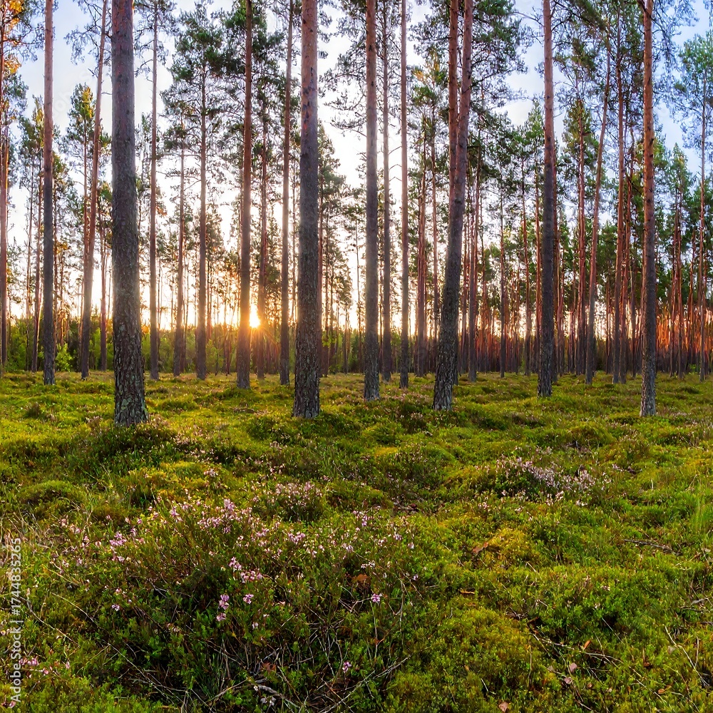 Obraz premium Forest scene showing sunlight shining through tall trees