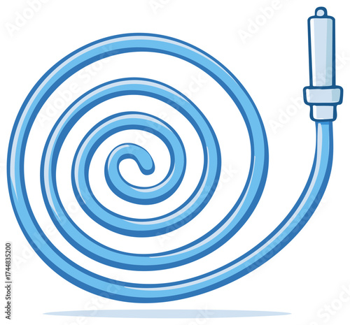 Coiled Blue Garden Hose: Watering and Cleaning Equipment Cartoon Illustration