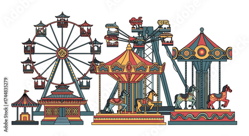 Illustrated collection of classic amusement park and carnival rides.