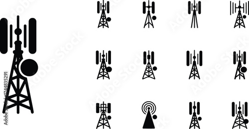 Communication tower icon set, black silhouette grid, radio antennas, satellite dishes, telecom infrastructure, wireless signal, technology vector illustration