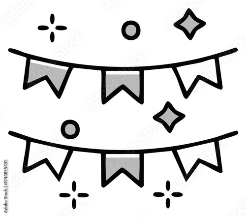 Festive party bunting with stars and dots, string pennant flags, celebration decoration