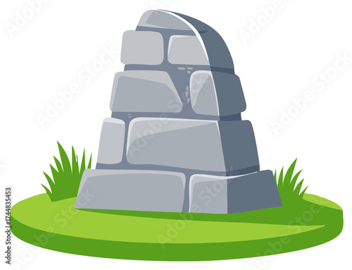 Cartoon Stone Monument on a green hill, ancient Landmark with grass