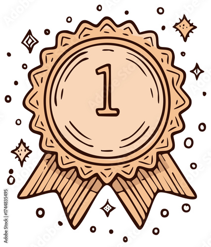 Hand drawn first place winner medal with ribbons and sparkles, a cartoon doodle for success and victory