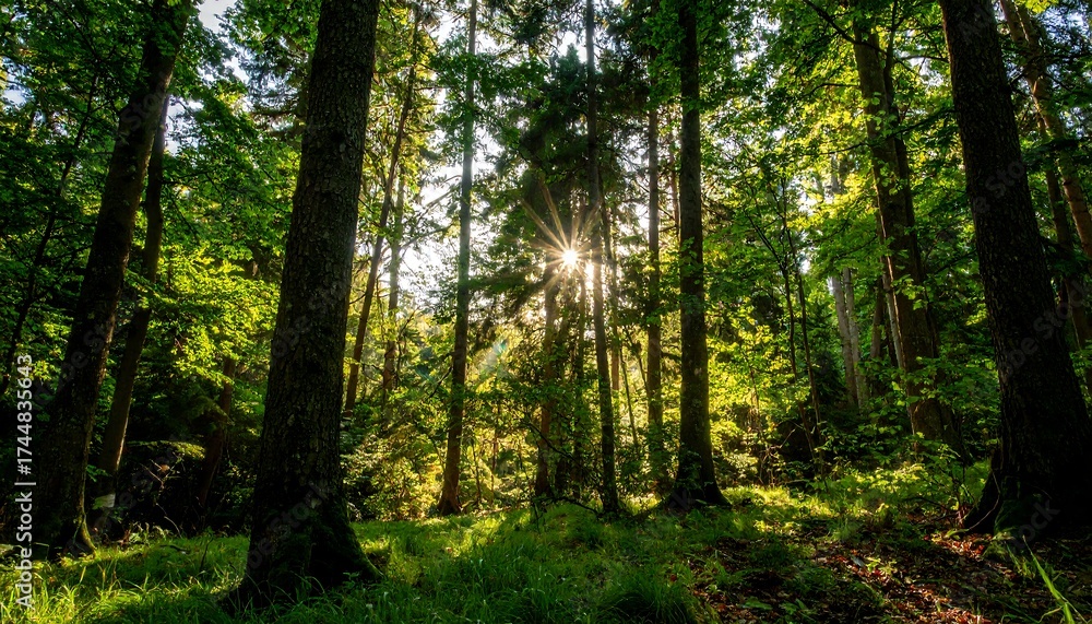 Obraz premium Forest scene with sunlight shining through trees