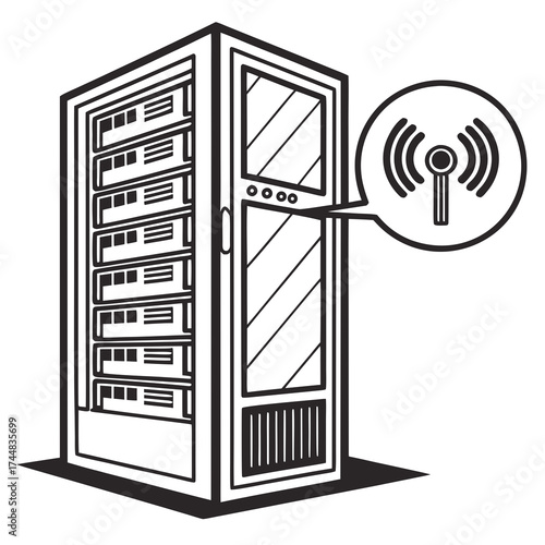 Server rack with wireless signal silhouette isolated on white background