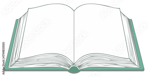 Open blank book with green cover, minimalist vector illustration for education and ideas.