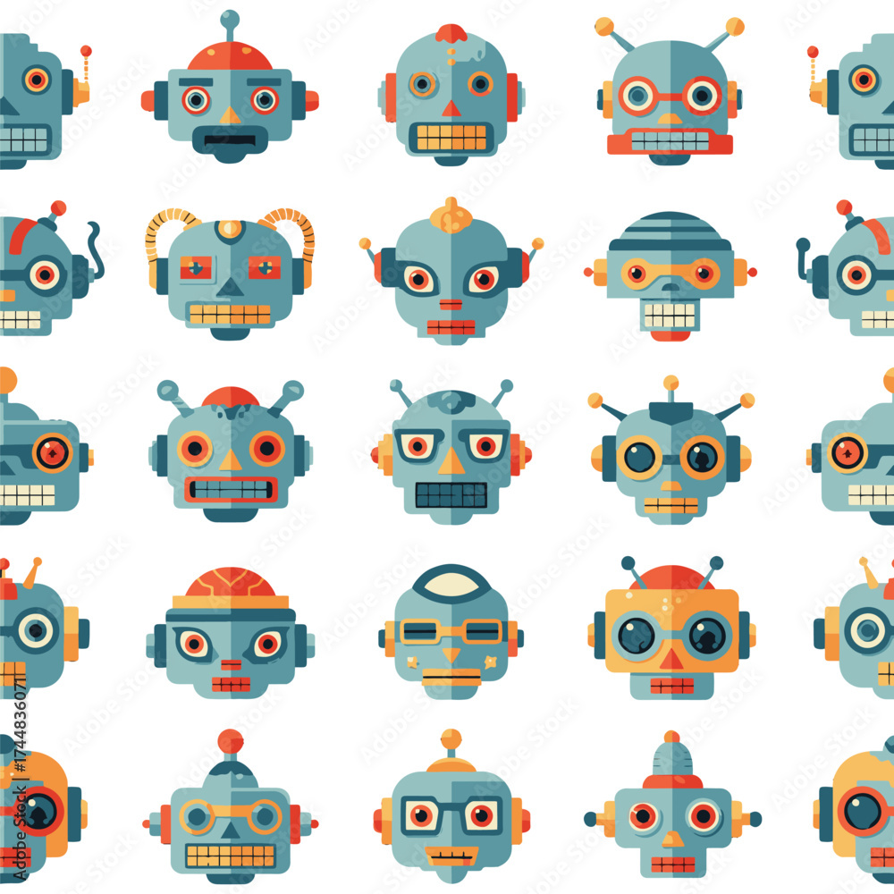 Fototapeta premium A vibrant assortment of diverse cartoon robot heads in multiple colors
