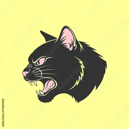 Black cat head vector illustration on yellow background. Angry and fierce feline mascot design, bold editable EPS style for logo, tattoo, or streetwear graphic.