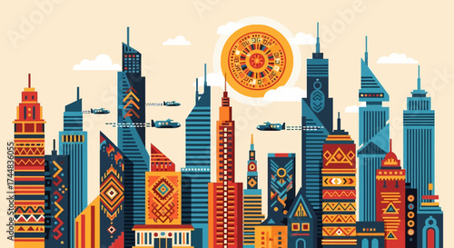 Modern Cityscape with Geometric Patterns and Vibrant Colors.