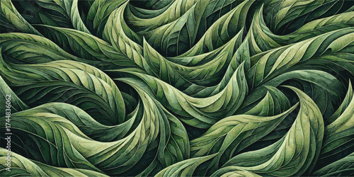 A beautiful green background pattern featuring a sea of artistic and illustrative maple leaf shapes in an organic, wave-like pattern.