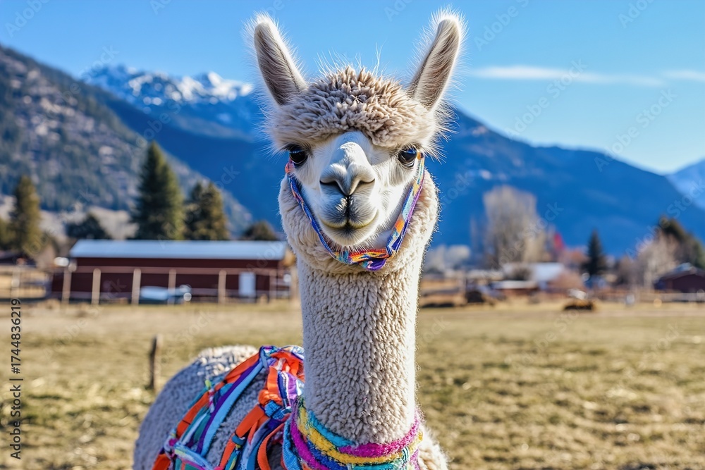 Obraz premium alpaca with colorful harness looking curiously at the camera, rural farm setting with mountains behind --ar 3:2 --v 6.1 Job ID: 507a36e7-c98d-4591-bf69-fa07f29bf697