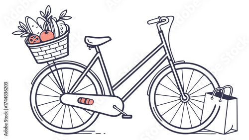 A bicycle with a basket filled with food and a bag hanging from the handlebars illustration style