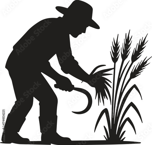 Farmer harvesting crops silhouette, traditional agriculture scene, black and white illustration, sickle cutting grain, manual labor, rural farming concept art
