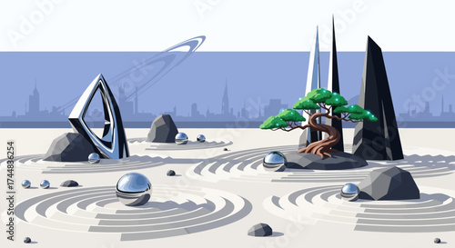 Modern Zen Garden with Futuristic Elements and Bonsai Tree.