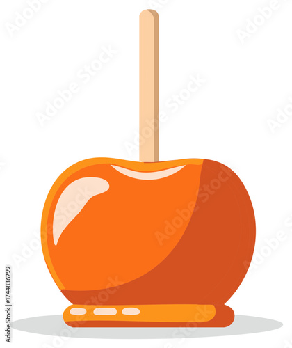 Sweet shiny caramel apple on a stick vector illustration for autumn holidays