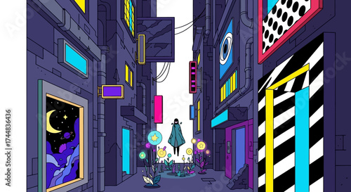 Mysterious figure floats in neon lit alleyway a captivating scene.