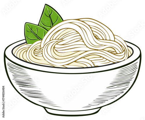 Illustration of appetizing Asian noodles served in a classic bowl garnished with fresh green leaves