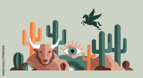 Mythical desert scene with bull eye and winged horse.