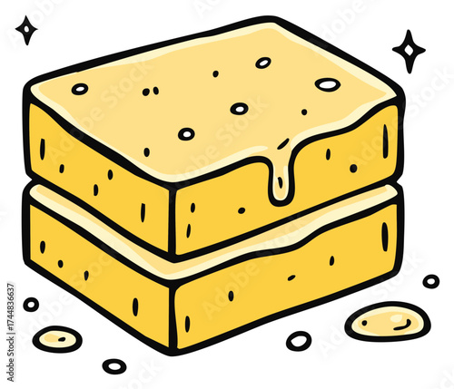 Cartoon illustration of yellow sponges with holes, vector, isolated, cleaning concept, dishware tool, kitchen accessory, washcloth, sanitation
