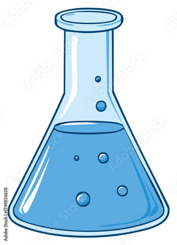 Cartoon illustration of a laboratory flask with blue liquid and bubbles.