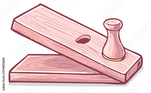 Fun illustration of a wooden Whac-A-Mole game set; cartoon design in pink and brown colors