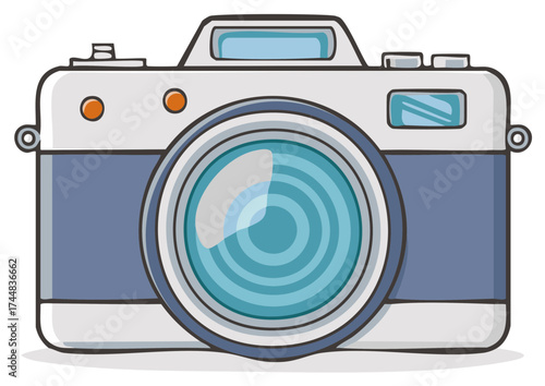 Retro styled illustration of a vintage camera with a prominent blue lens and clean white and blue body