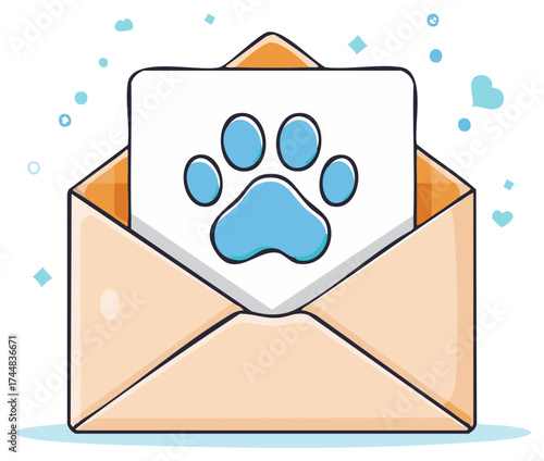 Adorable cartoon illustration of an open envelope with a pet paw print message and hearts