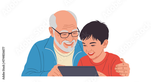 Grandfather and grandson looking at a tablet together.