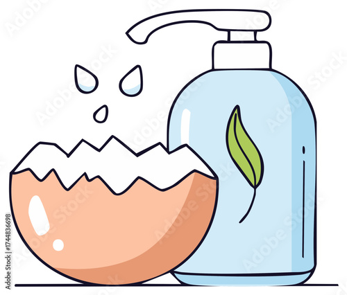 Cracked Eggshell with falling drops next to the hand sanitizer for natural healthy living