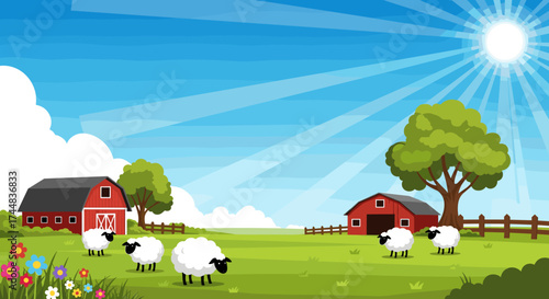 Farm landscape with sheep and barns under a sunny sky.