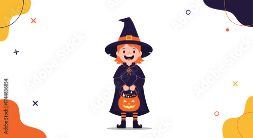Cute Halloween Witch Girl Holding Pumpkin Candy Bucket.
