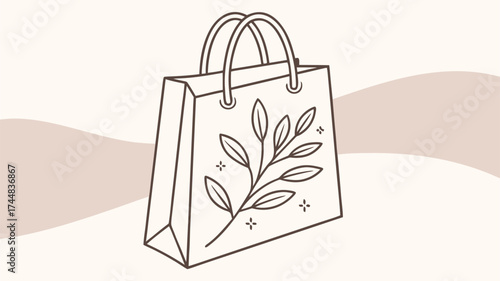 A simplistic line drawing of a shopping bag adorned with a leafy branch and sparkling accents on a neutral background