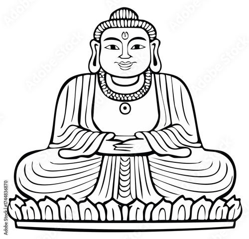 Stylized Buddha figure meditating in a serene pose on a lotus base line art illustration