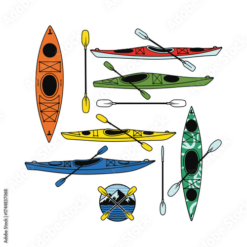 Vibrant collection of kayaks and paddles for exciting water sports adventures