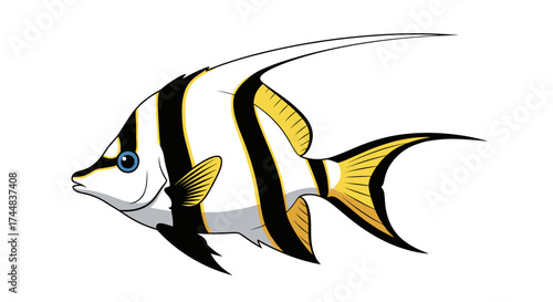 Illustration of a Moorish Idol fish with black yellow and white stripes.
