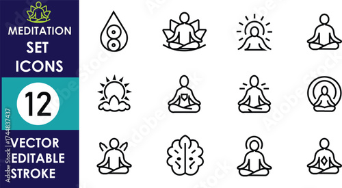 The image shows a meditation icon set of twelve outlined vector symbols representing yoga poses, mindfulness, energy balance, nature, and inner peace in minimal editable stroke style