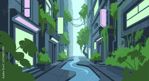 Overgrown City Street with Waterway and Lush Vegetation.