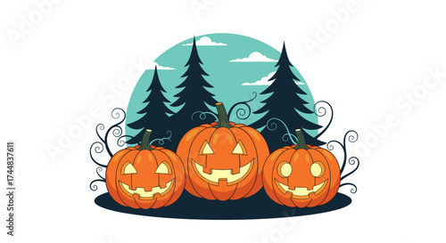 Three Spooky Halloween Pumpkins in a Forest Scene.