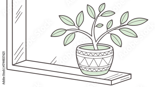 A potted plant with leaves on a windowsill next to a window frame in a simple line drawing illustration