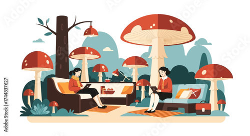 People relaxing and reading under giant mushrooms.