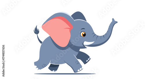 Cute cartoon baby elephant running happily with trunk up.