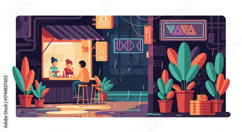 People enjoying a meal at a cozy cafe at night.