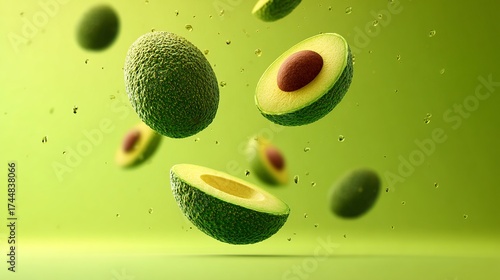 Avocado falling down with gradients background.