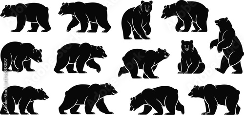 Black bear silhouette set, vector illustration of wildlife symbols, representing strength, power, nature, each black animal shape is isolated