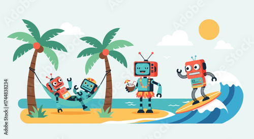 Robots enjoying summer vacation on a tropical beach with palm trees and waves.