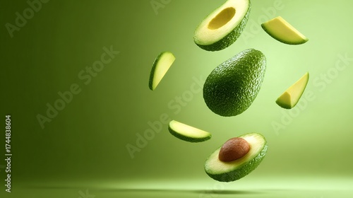 Avocado falling down with gradients background.