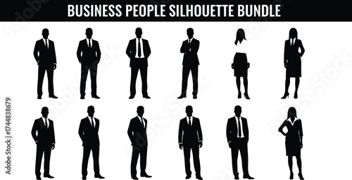 Business People Silhouette Bundle Featuring Professional Men and Women in Corporate Attire, Standing Poses, Office Gestures, and Formal Postures