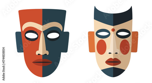 Set of two colorful tribal masks in a flat vector style.