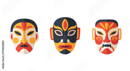 Set of three traditional Chinese opera face masks.