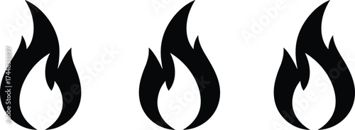Black flame icon vector illustration, simple fire shape elements for safety, branding, hot temperature, energy symbol, isolated on white background